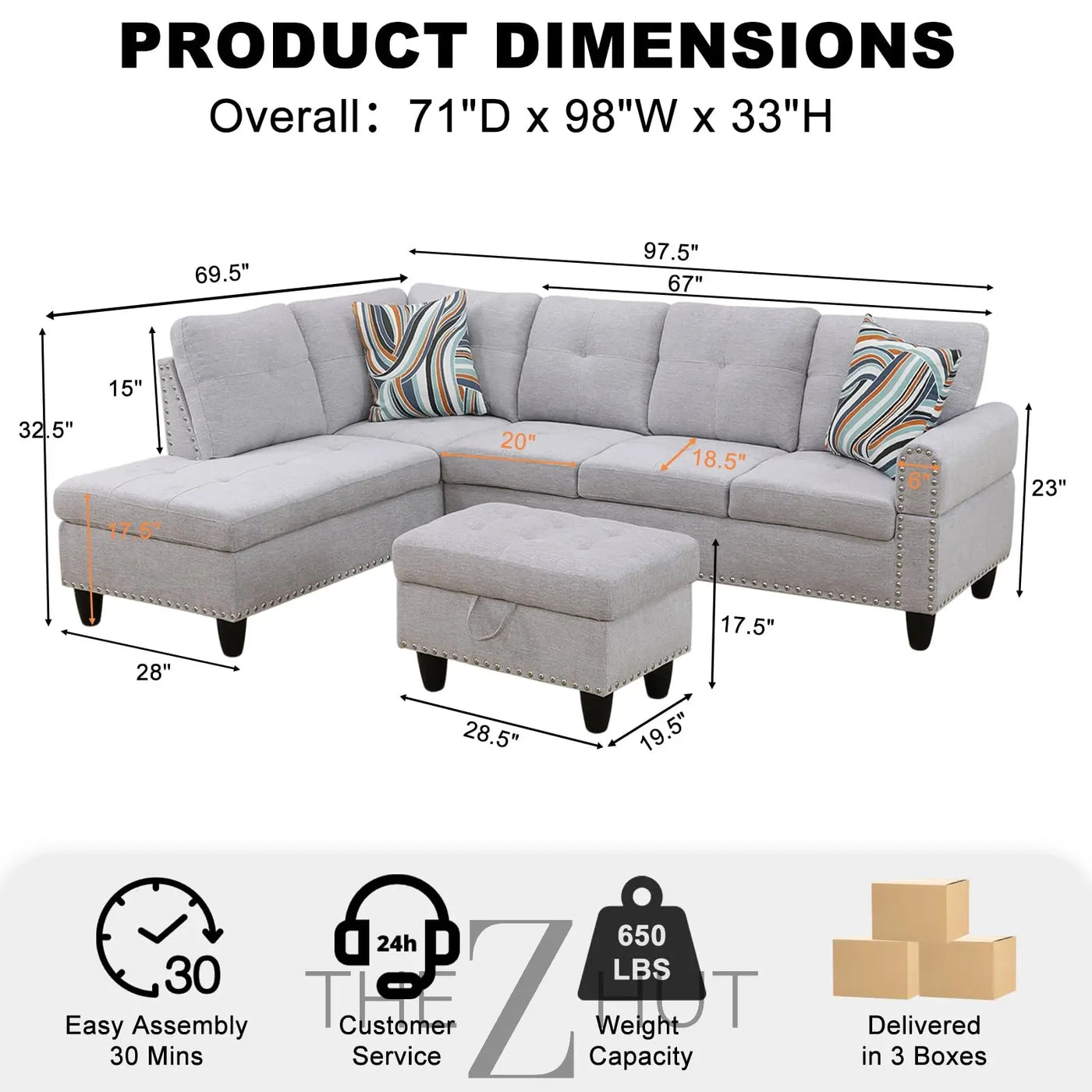 Sectional Sofa Couch, Modern 4-Seaters Living Room Furniture Sets with Chaise Lounge, Ottoman & 2 Pillows | L Shape Couch | Cup Holder | Faux PU Leather, Black THE Z HUT