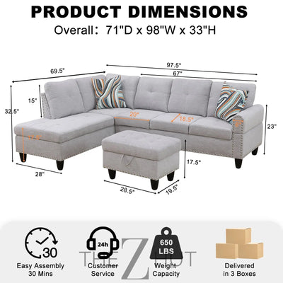 Sectional Sofa Couch, Modern 4-Seaters Living Room Furniture Sets with Chaise Lounge, Ottoman & 2 Pillows | L Shape Couch | Cup Holder | Faux PU Leather, Black THE Z HUT