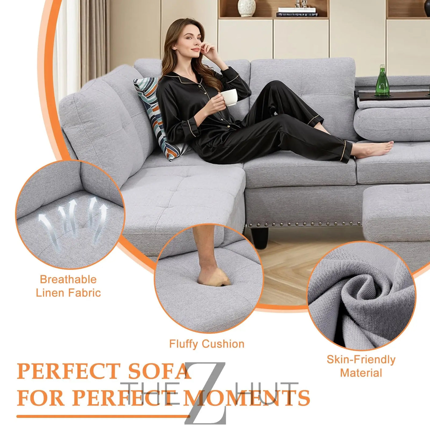 Sectional Sofa Couch, Modern 4-Seaters Living Room Furniture Sets with Chaise Lounge, Ottoman & 2 Pillows | L Shape Couch | Cup Holder | Faux PU Leather, Black THE Z HUT