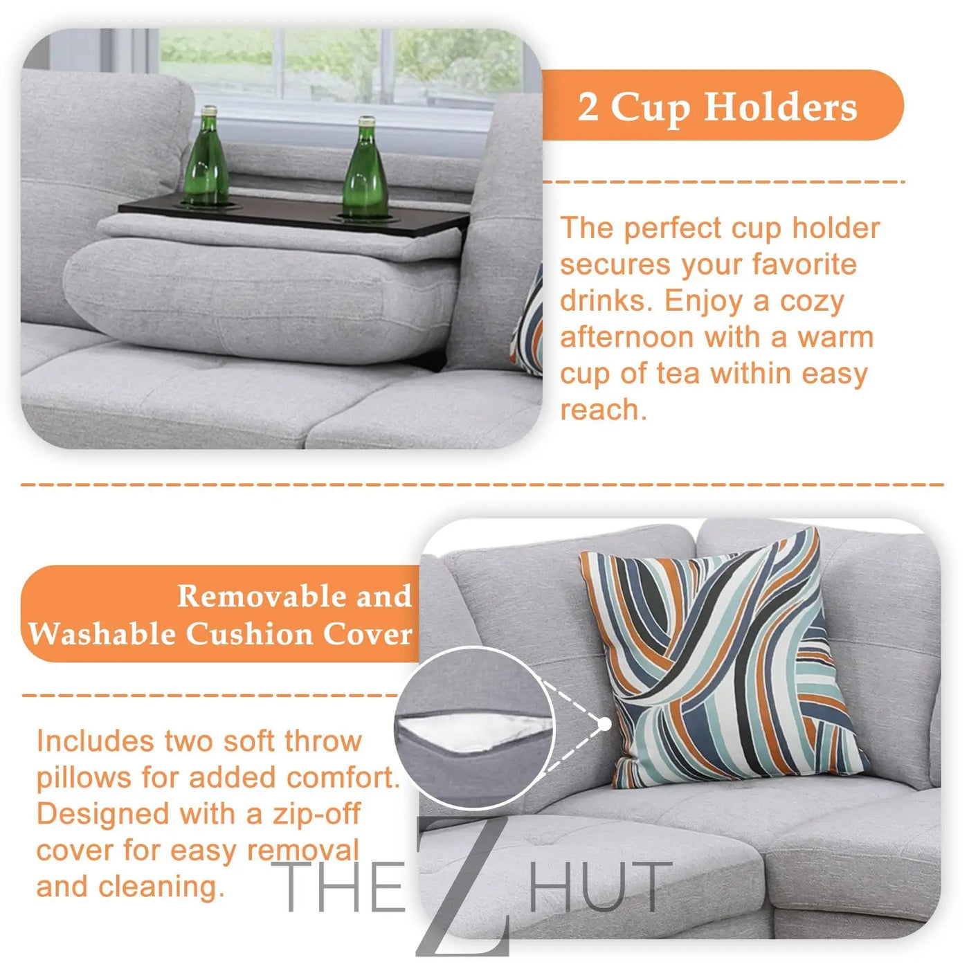 Sectional Sofa Couch, Modern 4-Seaters Living Room Furniture Sets with Chaise Lounge, Ottoman & 2 Pillows | L Shape Couch | Cup Holder | Faux PU Leather, Black THE Z HUT