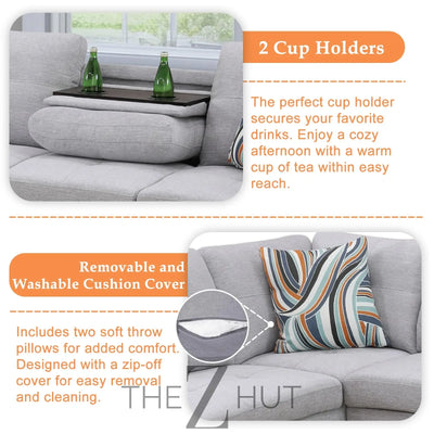 Sectional Sofa Couch, Modern 4-Seaters Living Room Furniture Sets with Chaise Lounge, Ottoman & 2 Pillows | L Shape Couch | Cup Holder | Faux PU Leather, Black THE Z HUT