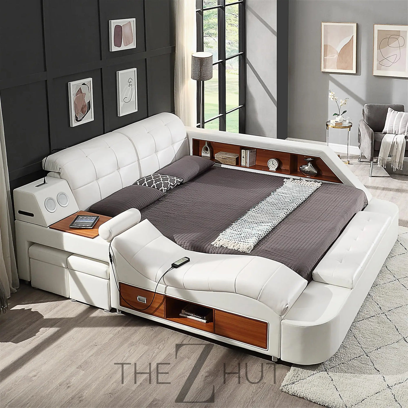 Smart King Bed Frame, Black Multifunctional Bed with Massage Recliner, Modern Luxury Bed Frame with Music Speaker, USB Charging Station, Adjustable Headboard, Bedroom Furniture THE Z HUT