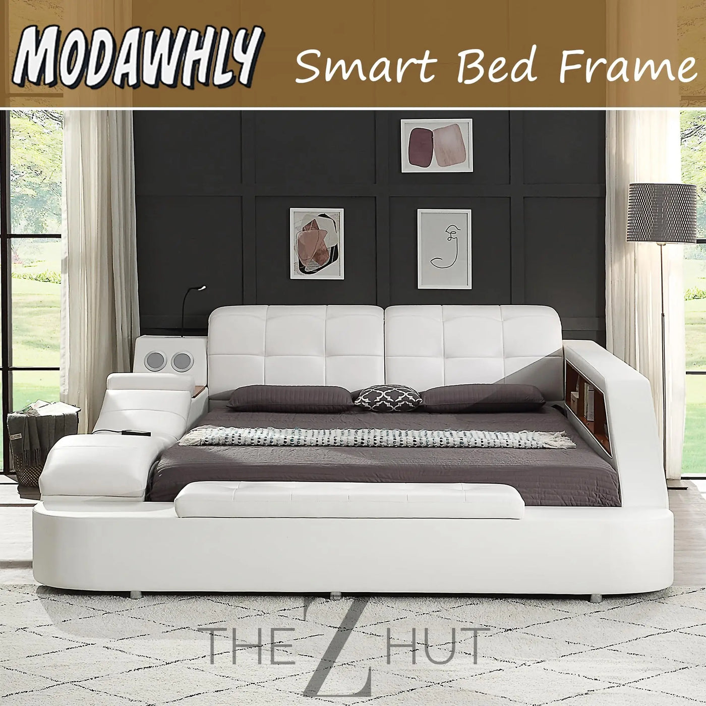 Smart King Bed Frame, Black Multifunctional Bed with Massage Recliner, Modern Luxury Bed Frame with Music Speaker, USB Charging Station, Adjustable Headboard, Bedroom Furniture THE Z HUT