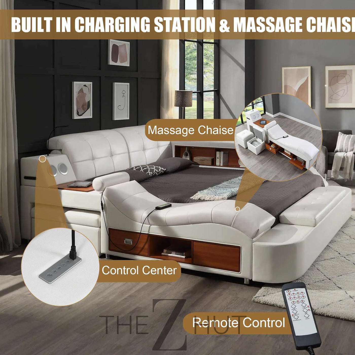 Smart King Bed Frame, Black Multifunctional Bed with Massage Recliner, Modern Luxury Bed Frame with Music Speaker, USB Charging Station, Adjustable Headboard, Bedroom Furniture THE Z HUT