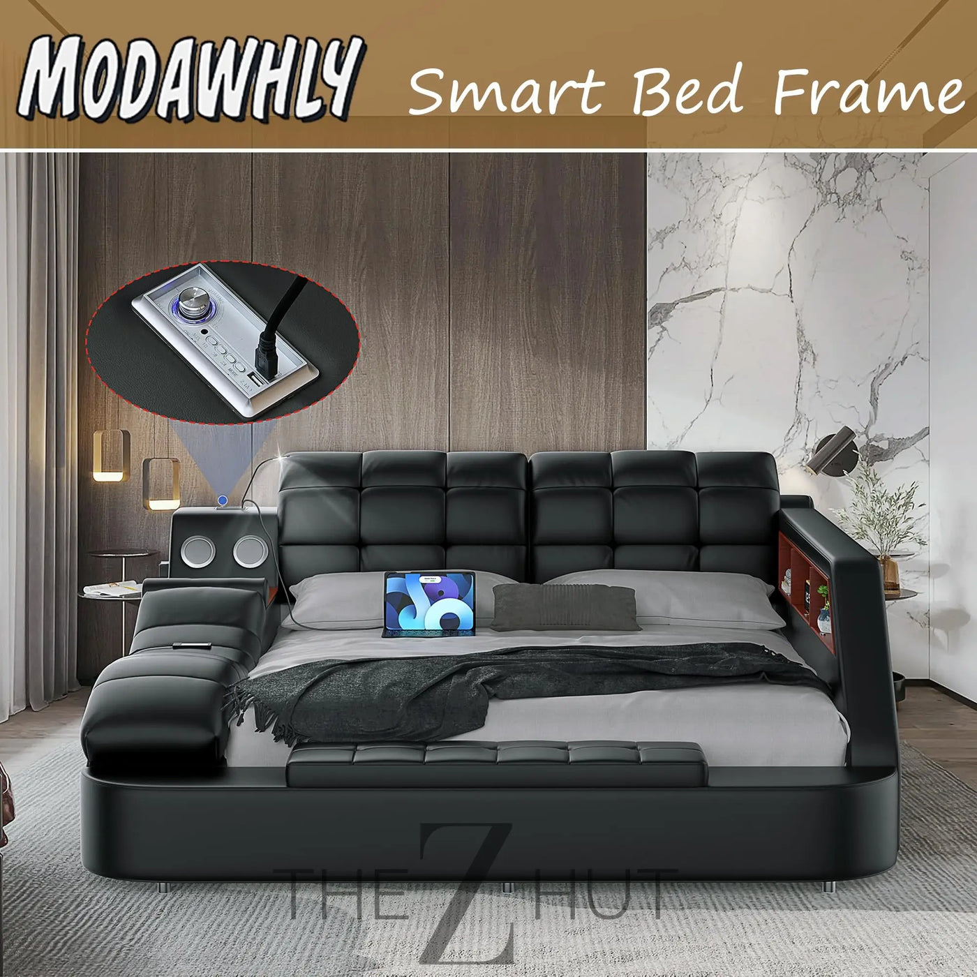 Smart King Bed Frame, Black Multifunctional Bed with Massage Recliner, Modern Luxury Bed Frame with Music Speaker, USB Charging Station, Adjustable Headboard, Bedroom Furniture THE Z HUT