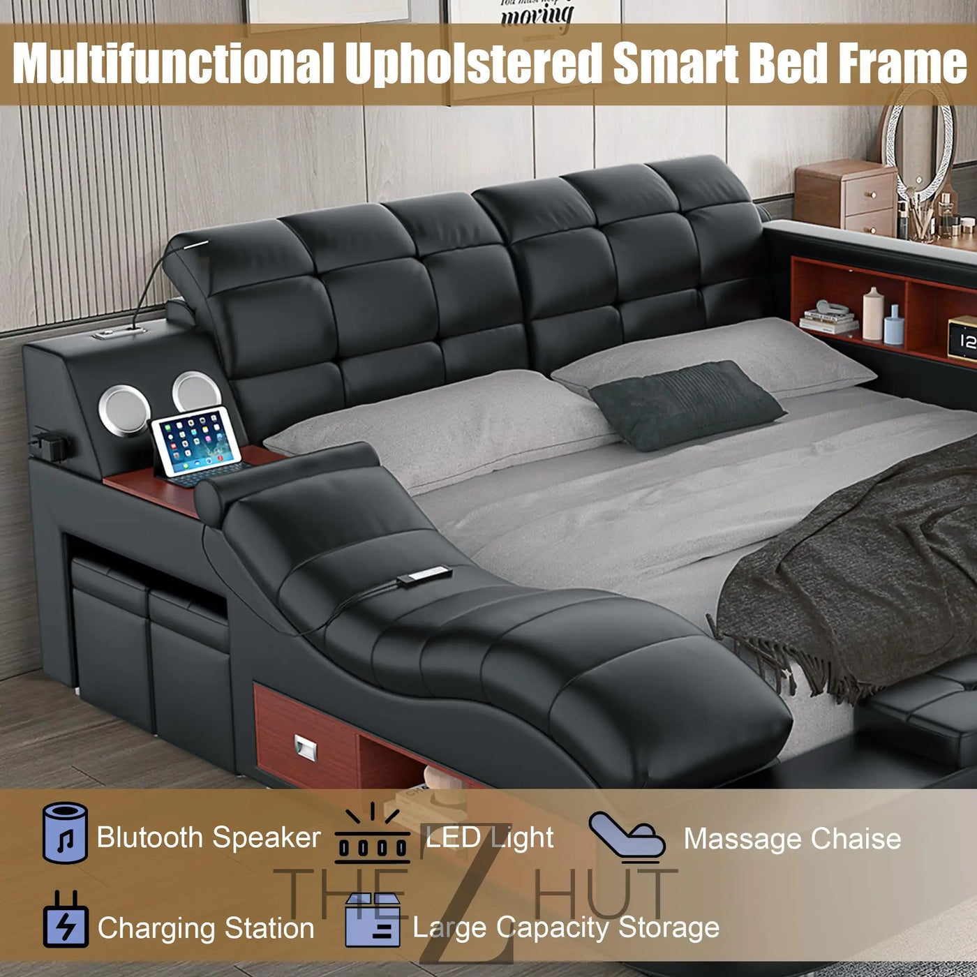 Smart King Bed Frame, Black Multifunctional Bed with Massage Recliner, Modern Luxury Bed Frame with Music Speaker, USB Charging Station, Adjustable Headboard, Bedroom Furniture THE Z HUT