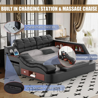 Smart King Bed Frame, Black Multifunctional Bed with Massage Recliner, Modern Luxury Bed Frame with Music Speaker, USB Charging Station, Adjustable Headboard, Bedroom Furniture THE Z HUT