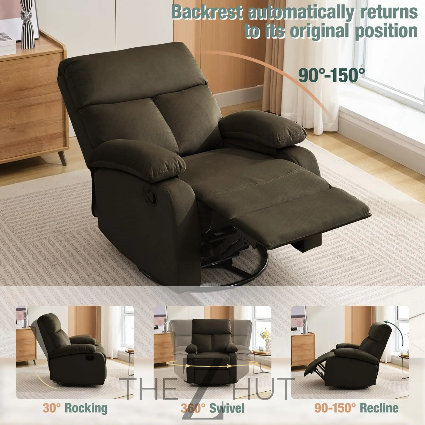 Swivel Rocker Recliner, Rocking Recliner Chair, Small Rocker Recliners for Small Spaces, Living Room, Bedroom, Nursery, RV, Light Grey THE Z HUT