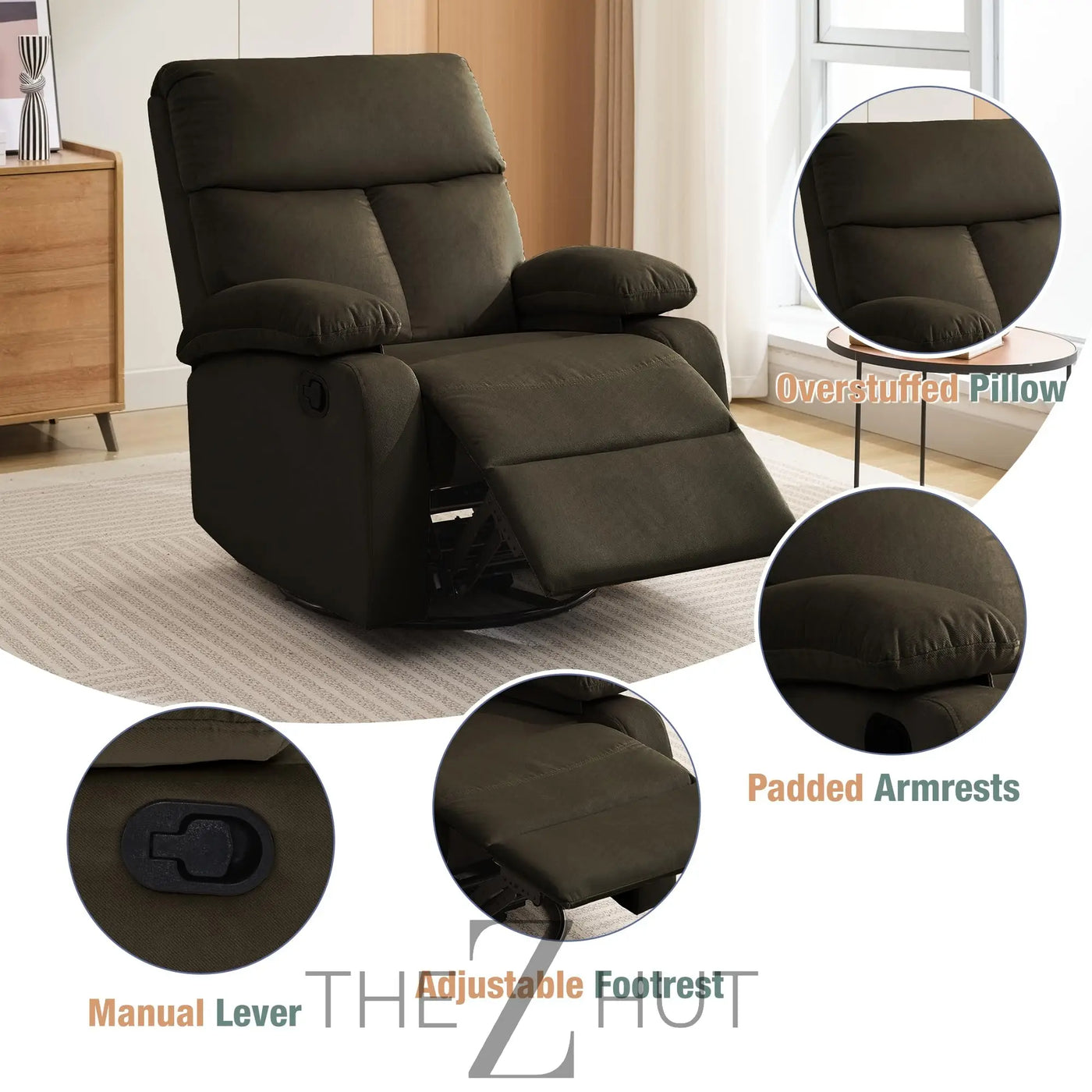 Swivel Rocker Recliner, Rocking Recliner Chair, Small Rocker Recliners for Small Spaces, Living Room, Bedroom, Nursery, RV, Light Grey THE Z HUT