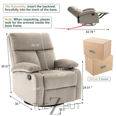 Swivel Rocker Recliner, Rocking Recliner Chair, Small Rocker Recliners for Small Spaces, Living Room, Bedroom, Nursery, RV, Light Grey THE Z HUT