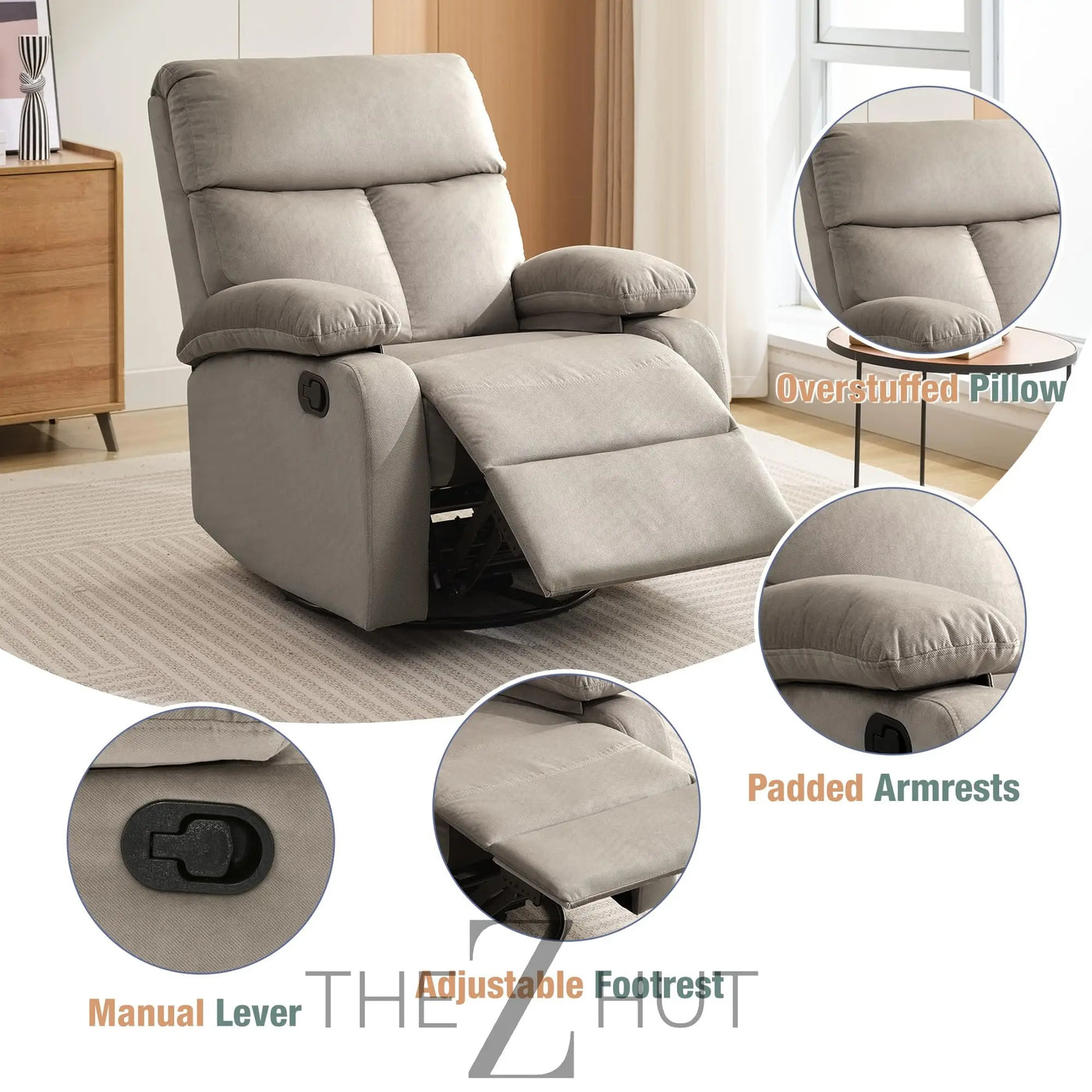 Swivel Rocker Recliner, Rocking Recliner Chair, Small Rocker Recliners for Small Spaces, Living Room, Bedroom, Nursery, RV, Light Grey THE Z HUT