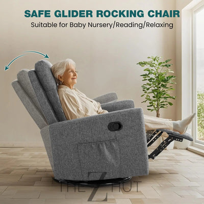 Swivel Rocking Recliner Chair with Extra Large Footrest High Back, Upholstered Glider Nursery Chair for Living Room, Bedroom & Nursery, Comfortable Deep Seat for Relaxation, Grey THE Z HUT