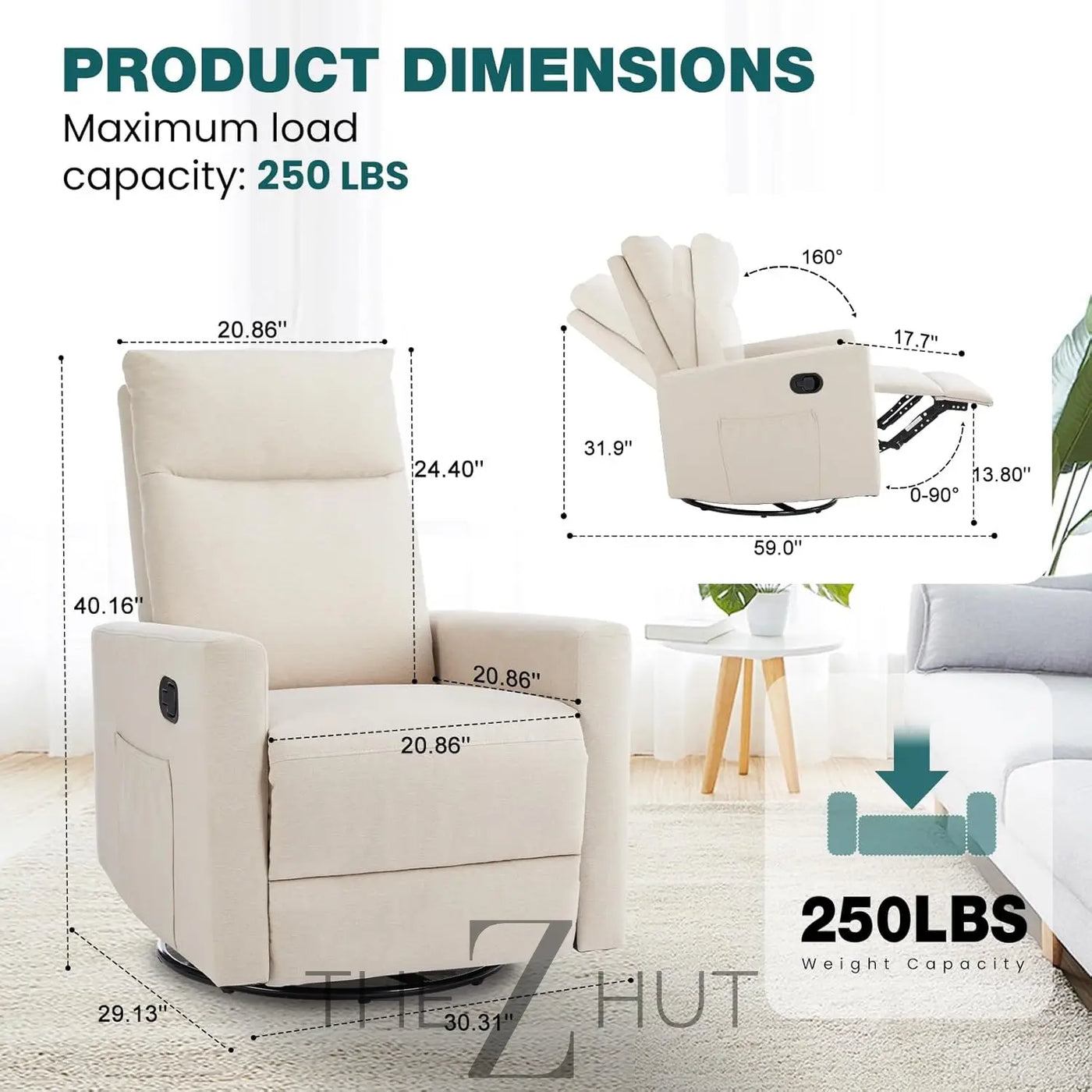Swivel Rocking Recliner Chair with Extra Large Footrest High Back, Upholstered Glider Nursery Chair for Living Room, Bedroom & Nursery, Comfortable Deep Seat for Relaxation, Grey THE Z HUT