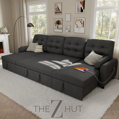 Ucloveria Sectional Sofa Couch, 87" Sleeper Sofa Bed with Reversible Storage Chaise Pull Out Couch for Living Room | Side Pocket | Charging Station | Removable Backrest | Linen Fabric, Black THE Z HUT