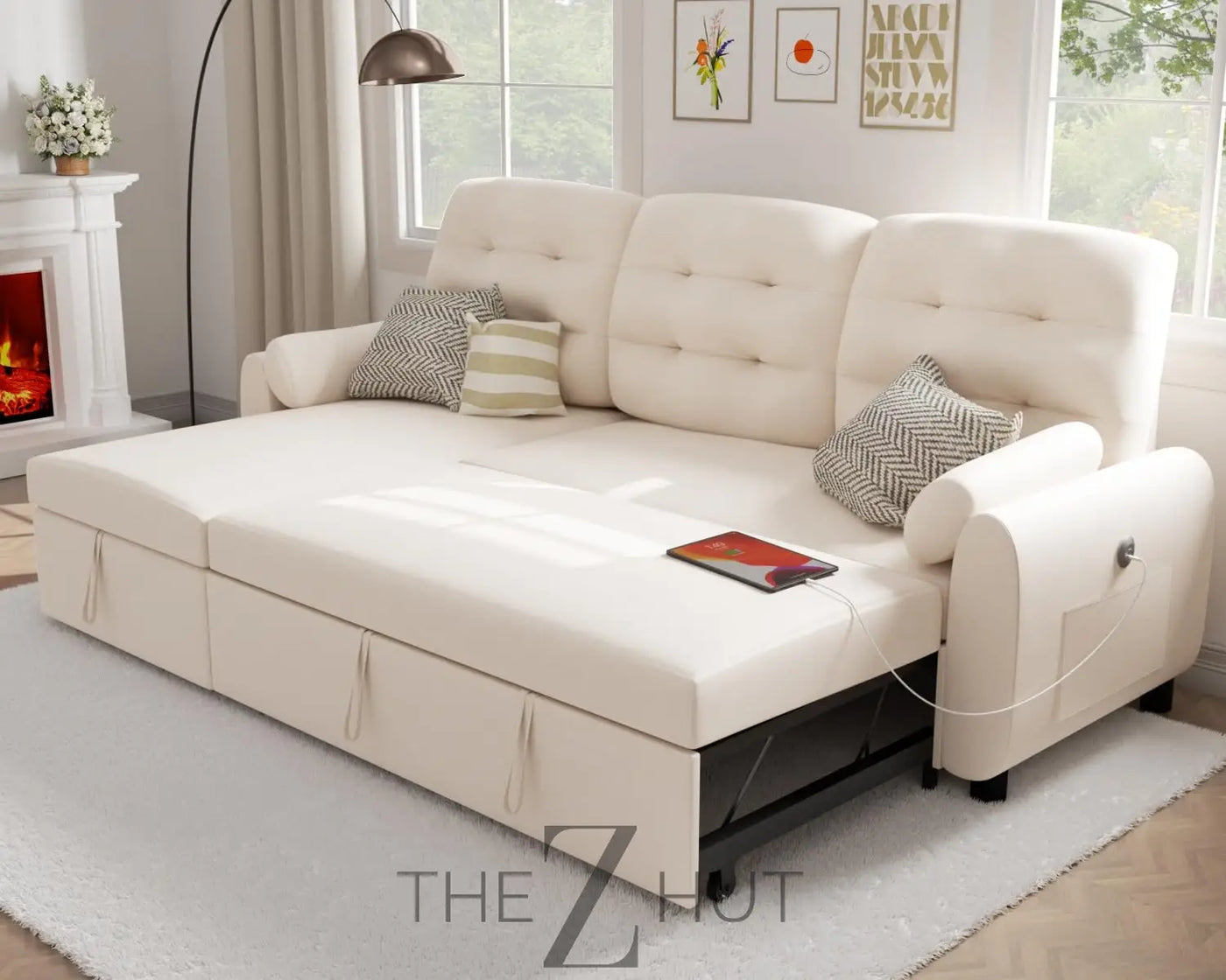 Ucloveria Sectional Sofa Couch, 87" Sleeper Sofa Bed with Reversible Storage Chaise Pull Out Couch for Living Room | Side Pocket | Charging Station | Removable Backrest | Linen Fabric, Black THE Z HUT