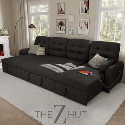 Ucloveria Sectional Sofa Couch, 87" Sleeper Sofa Bed with Reversible Storage Chaise Pull Out Couch for Living Room | Side Pocket | Charging Station | Removable Backrest | Linen Fabric, Black THE Z HUT