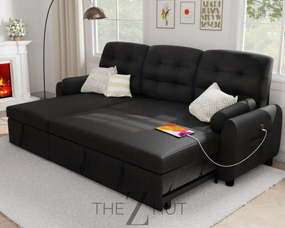 Ucloveria Sectional Sofa Couch, 87" Sleeper Sofa Bed with Reversible Storage Chaise Pull Out Couch for Living Room | Side Pocket | Charging Station | Removable Backrest | Linen Fabric, Black THE Z HUT
