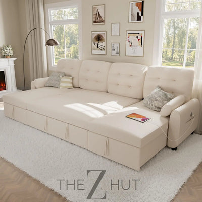Ucloveria Sectional Sofa Couch, 87" Sleeper Sofa Bed with Reversible Storage Chaise Pull Out Couch for Living Room | Side Pocket | Charging Station | Removable Backrest | Linen Fabric, Black THE Z HUT