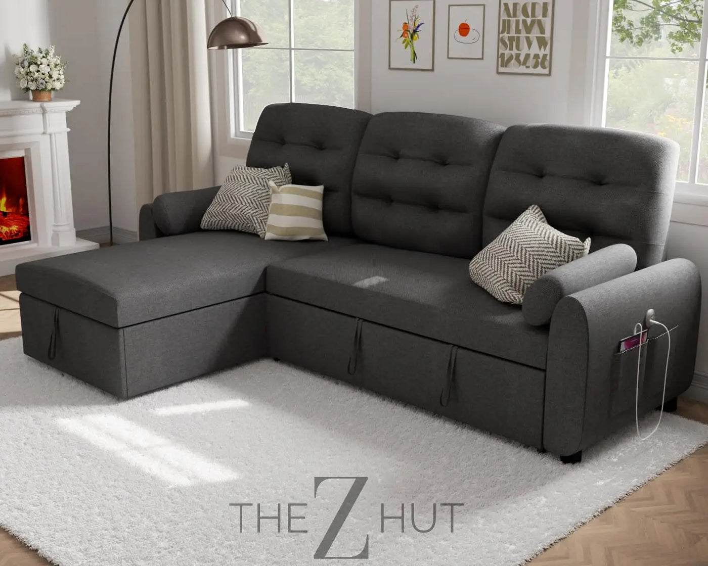 Ucloveria Sectional Sofa Couch, 87" Sleeper Sofa Bed with Reversible Storage Chaise Pull Out Couch for Living Room | Side Pocket | Charging Station | Removable Backrest | Linen Fabric, Black THE Z HUT