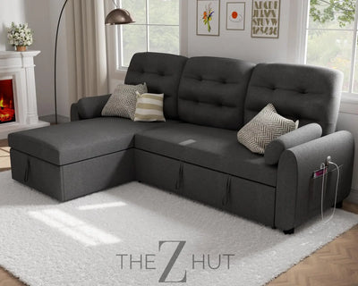 Ucloveria Sectional Sofa Couch, 87" Sleeper Sofa Bed with Reversible Storage Chaise Pull Out Couch for Living Room | Side Pocket | Charging Station | Removable Backrest | Linen Fabric, Black THE Z HUT