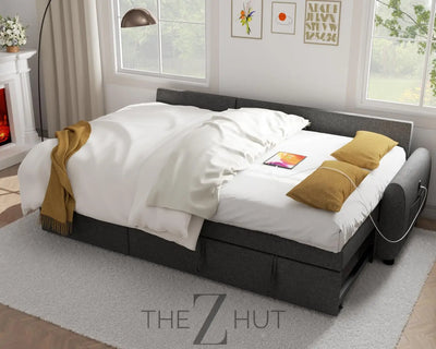 Ucloveria Sectional Sofa Couch, 87" Sleeper Sofa Bed with Reversible Storage Chaise Pull Out Couch for Living Room | Side Pocket | Charging Station | Removable Backrest | Linen Fabric, Black THE Z HUT