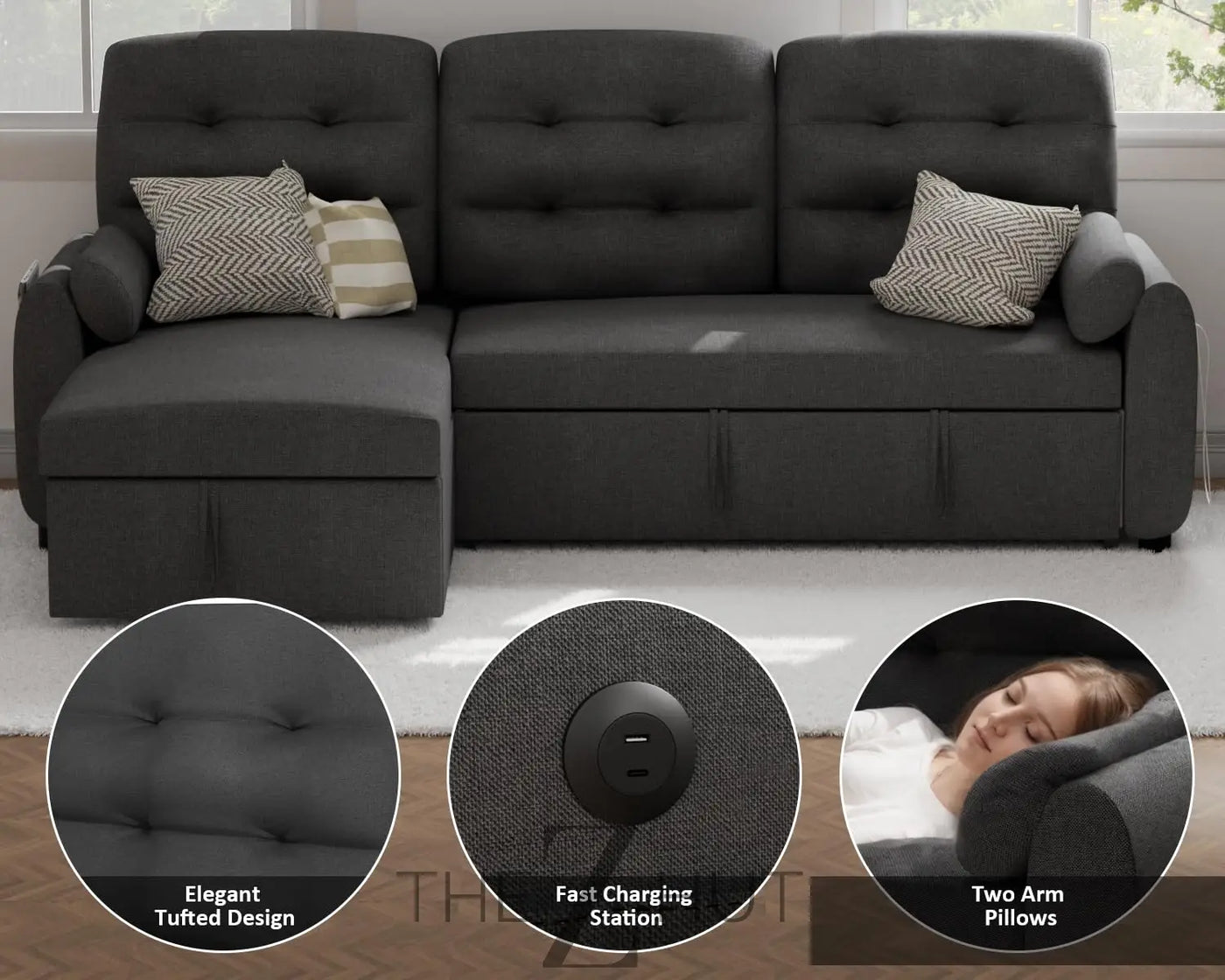 Ucloveria Sectional Sofa Couch, 87" Sleeper Sofa Bed with Reversible Storage Chaise Pull Out Couch for Living Room | Side Pocket | Charging Station | Removable Backrest | Linen Fabric, Black THE Z HUT