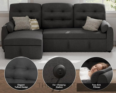 Ucloveria Sectional Sofa Couch, 87" Sleeper Sofa Bed with Reversible Storage Chaise Pull Out Couch for Living Room | Side Pocket | Charging Station | Removable Backrest | Linen Fabric, Black THE Z HUT