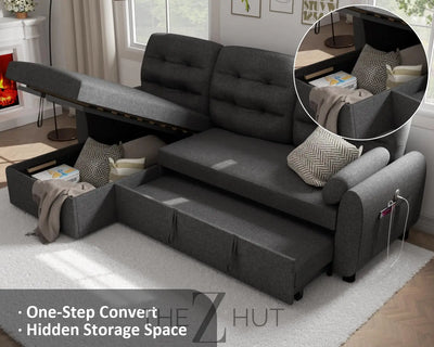 Ucloveria Sectional Sofa Couch, 87" Sleeper Sofa Bed with Reversible Storage Chaise Pull Out Couch for Living Room | Side Pocket | Charging Station | Removable Backrest | Linen Fabric, Black THE Z HUT