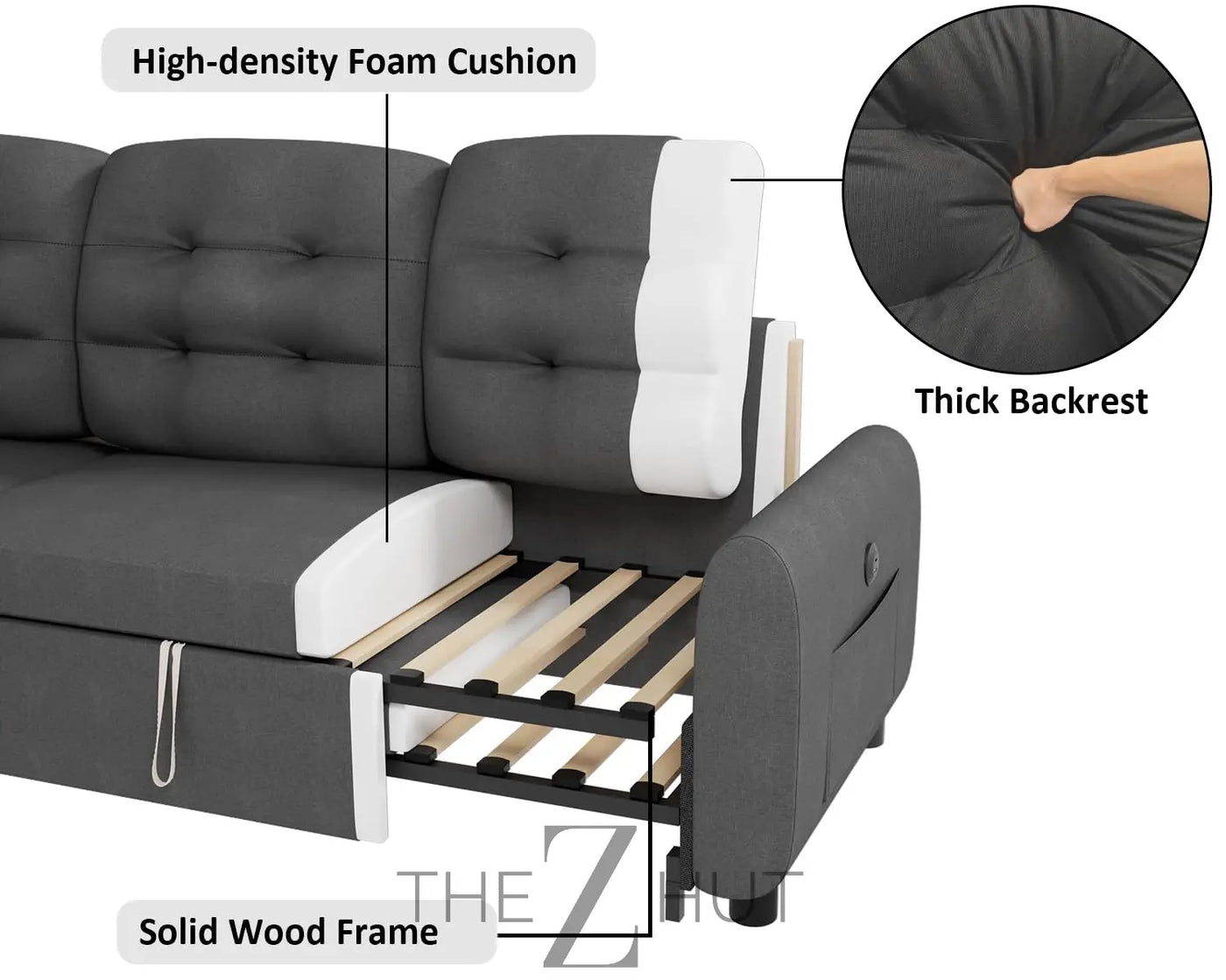 Ucloveria Sectional Sofa Couch, 87" Sleeper Sofa Bed with Reversible Storage Chaise Pull Out Couch for Living Room | Side Pocket | Charging Station | Removable Backrest | Linen Fabric, Black THE Z HUT