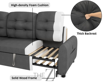 Ucloveria Sectional Sofa Couch, 87" Sleeper Sofa Bed with Reversible Storage Chaise Pull Out Couch for Living Room | Side Pocket | Charging Station | Removable Backrest | Linen Fabric, Black THE Z HUT