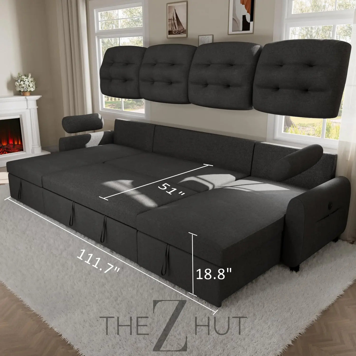 Ucloveria Sectional Sofa Couch, 87" Sleeper Sofa Bed with Reversible Storage Chaise Pull Out Couch for Living Room | Side Pocket | Charging Station | Removable Backrest | Linen Fabric, Black THE Z HUT