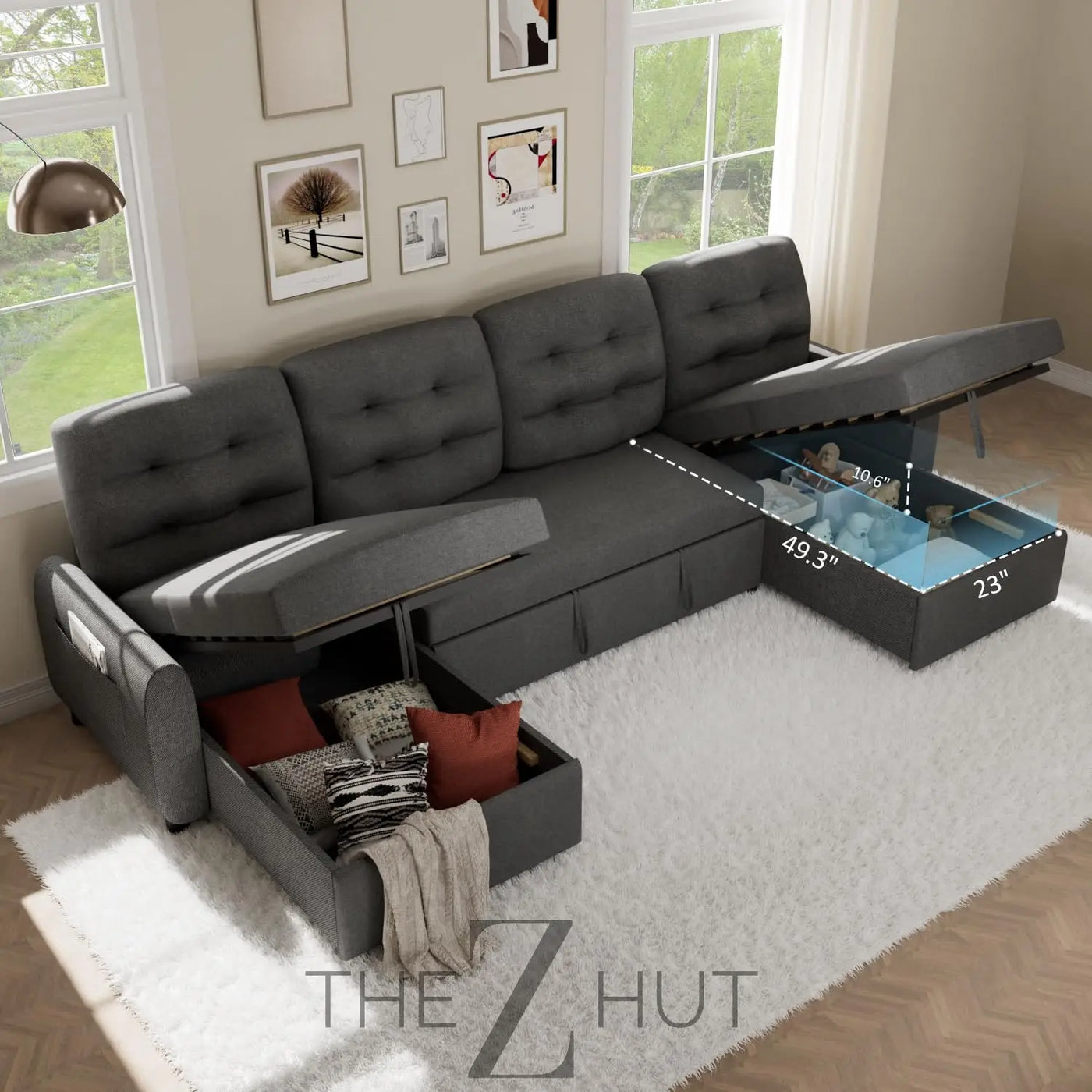 Ucloveria Sectional Sofa Couch, 87" Sleeper Sofa Bed with Reversible Storage Chaise Pull Out Couch for Living Room | Side Pocket | Charging Station | Removable Backrest | Linen Fabric, Black THE Z HUT