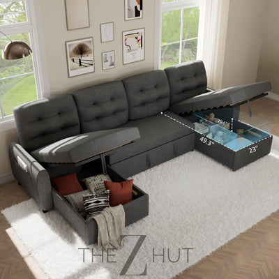 Ucloveria Sectional Sofa Couch, 87" Sleeper Sofa Bed with Reversible Storage Chaise Pull Out Couch for Living Room | Side Pocket | Charging Station | Removable Backrest | Linen Fabric, Black THE Z HUT