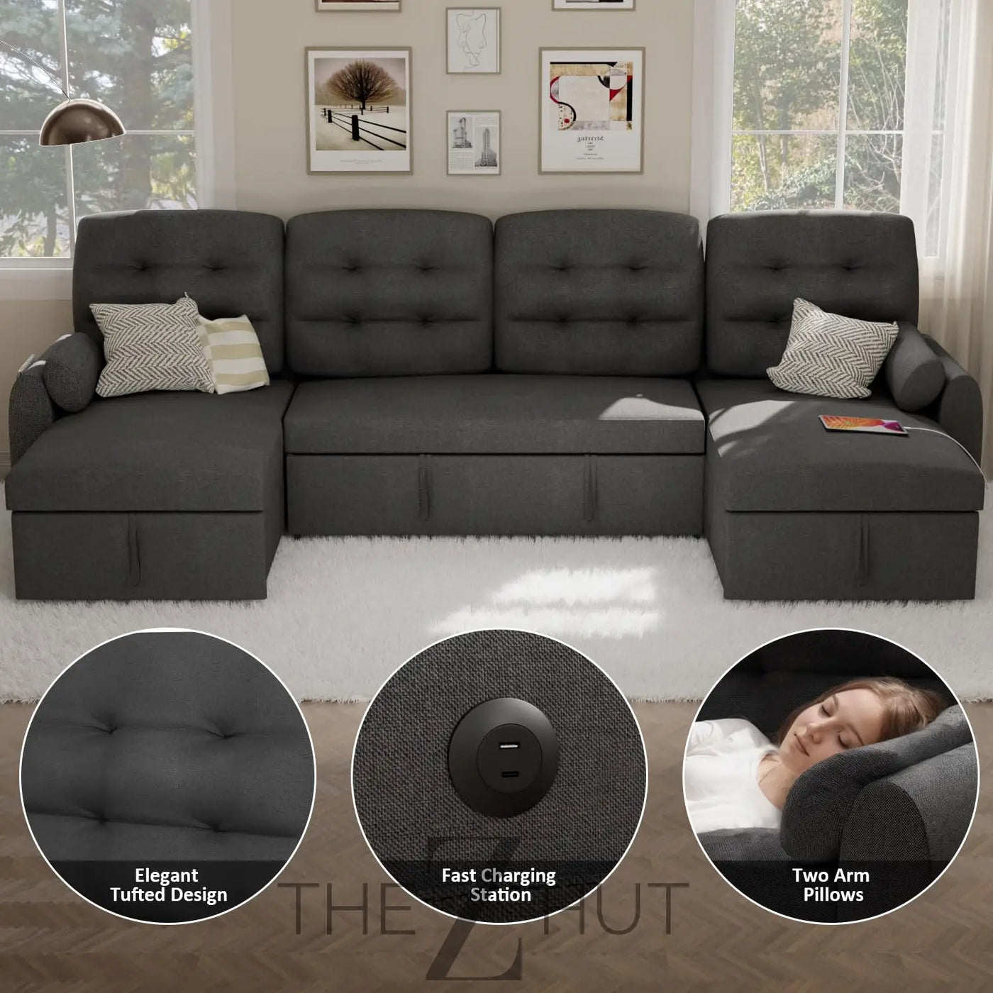 Ucloveria Sectional Sofa Couch, 87" Sleeper Sofa Bed with Reversible Storage Chaise Pull Out Couch for Living Room | Side Pocket | Charging Station | Removable Backrest | Linen Fabric, Black THE Z HUT