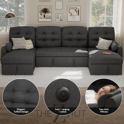 Ucloveria Sectional Sofa Couch, 87" Sleeper Sofa Bed with Reversible Storage Chaise Pull Out Couch for Living Room | Side Pocket | Charging Station | Removable Backrest | Linen Fabric, Black THE Z HUT