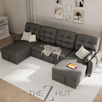 Ucloveria Sectional Sofa Couch, 87" Sleeper Sofa Bed with Reversible Storage Chaise Pull Out Couch for Living Room | Side Pocket | Charging Station | Removable Backrest | Linen Fabric, Black THE Z HUT