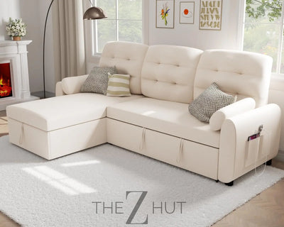 Ucloveria Sectional Sofa Couch, 87" Sleeper Sofa Bed with Reversible Storage Chaise Pull Out Couch for Living Room | Side Pocket | Charging Station | Removable Backrest | Linen Fabric, Black THE Z HUT