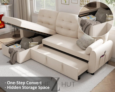 Ucloveria Sectional Sofa Couch, 87" Sleeper Sofa Bed with Reversible Storage Chaise Pull Out Couch for Living Room | Side Pocket | Charging Station | Removable Backrest | Linen Fabric, Black THE Z HUT