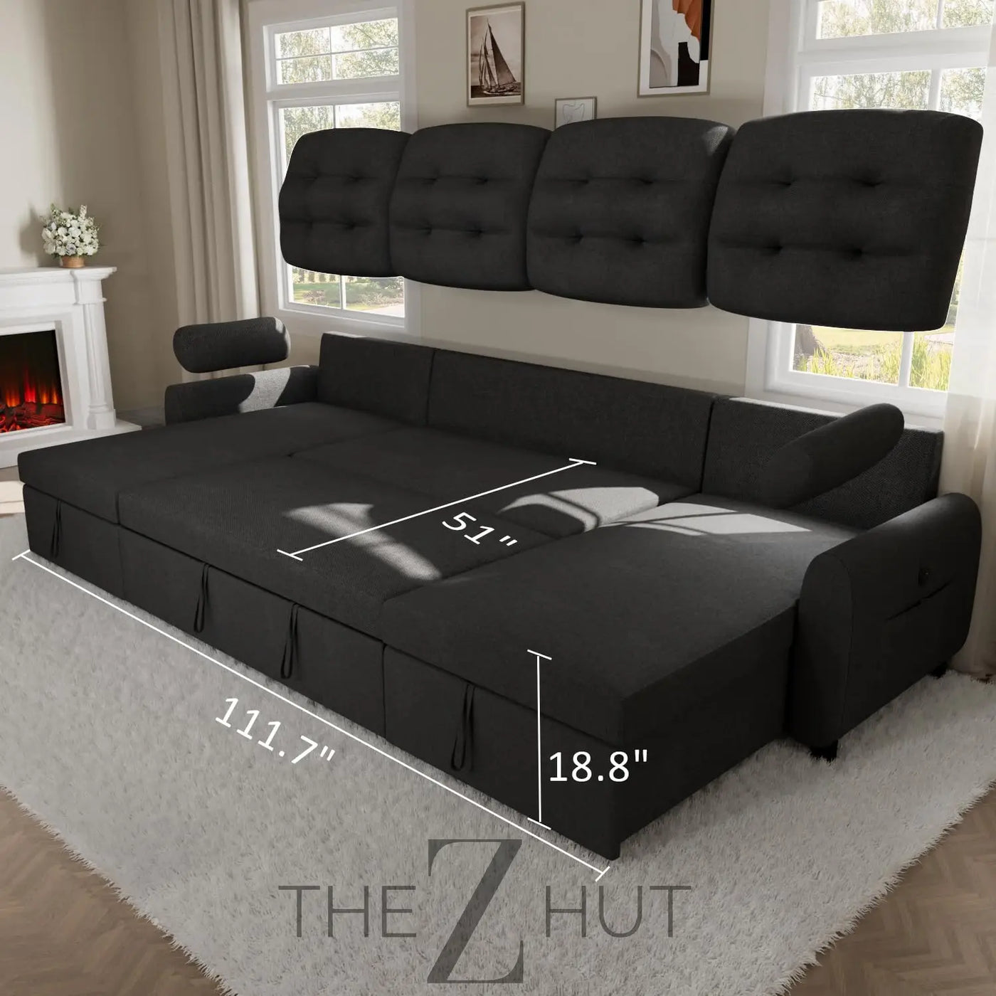 Ucloveria Sectional Sofa Couch, 87" Sleeper Sofa Bed with Reversible Storage Chaise Pull Out Couch for Living Room | Side Pocket | Charging Station | Removable Backrest | Linen Fabric, Black THE Z HUT