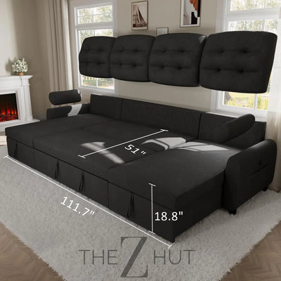 Ucloveria Sectional Sofa Couch, 87" Sleeper Sofa Bed with Reversible Storage Chaise Pull Out Couch for Living Room | Side Pocket | Charging Station | Removable Backrest | Linen Fabric, Black THE Z HUT