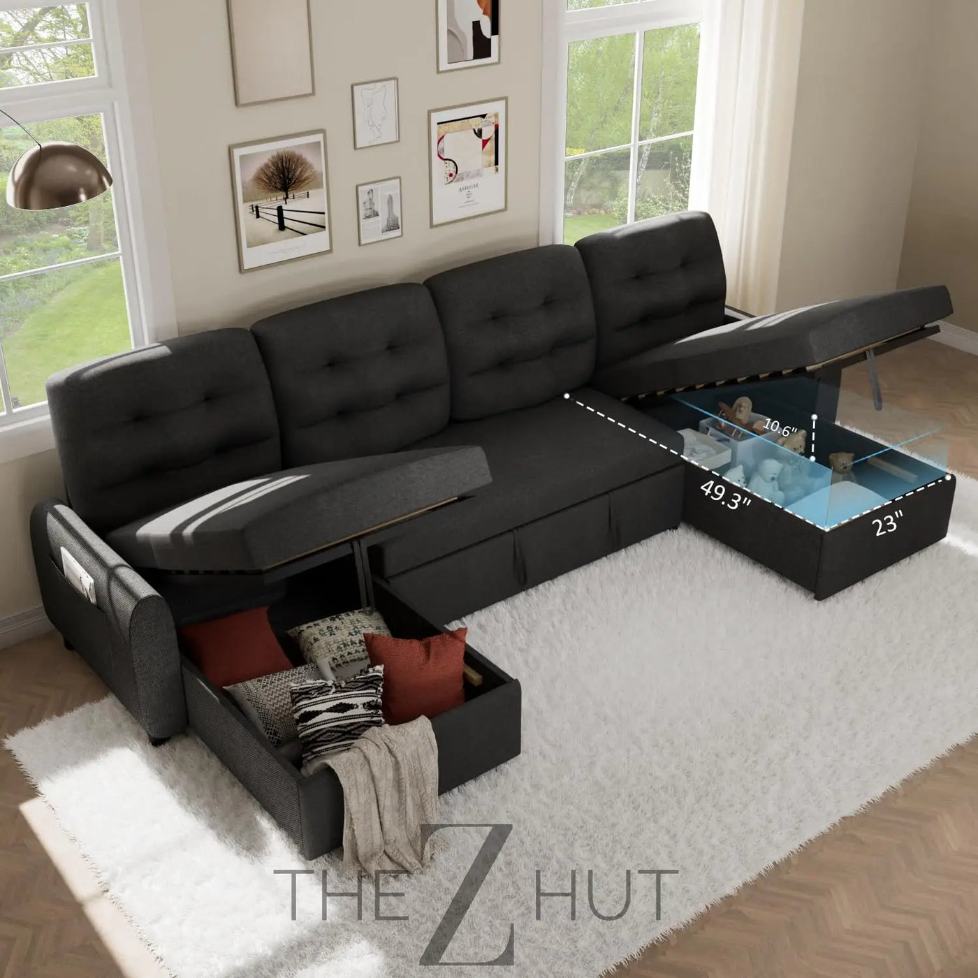 Ucloveria Sectional Sofa Couch, 87" Sleeper Sofa Bed with Reversible Storage Chaise Pull Out Couch for Living Room | Side Pocket | Charging Station | Removable Backrest | Linen Fabric, Black THE Z HUT