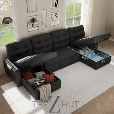 Ucloveria Sectional Sofa Couch, 87" Sleeper Sofa Bed with Reversible Storage Chaise Pull Out Couch for Living Room | Side Pocket | Charging Station | Removable Backrest | Linen Fabric, Black THE Z HUT