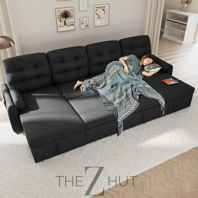 Ucloveria Sectional Sofa Couch, 87" Sleeper Sofa Bed with Reversible Storage Chaise Pull Out Couch for Living Room | Side Pocket | Charging Station | Removable Backrest | Linen Fabric, Black THE Z HUT
