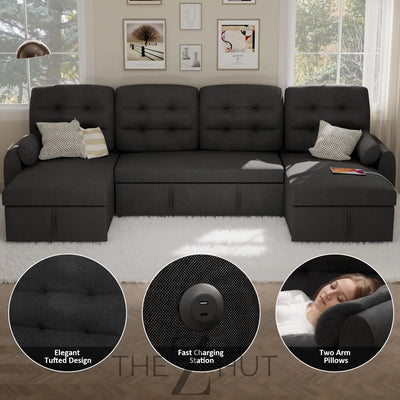 Ucloveria Sectional Sofa Couch, 87" Sleeper Sofa Bed with Reversible Storage Chaise Pull Out Couch for Living Room | Side Pocket | Charging Station | Removable Backrest | Linen Fabric, Black THE Z HUT