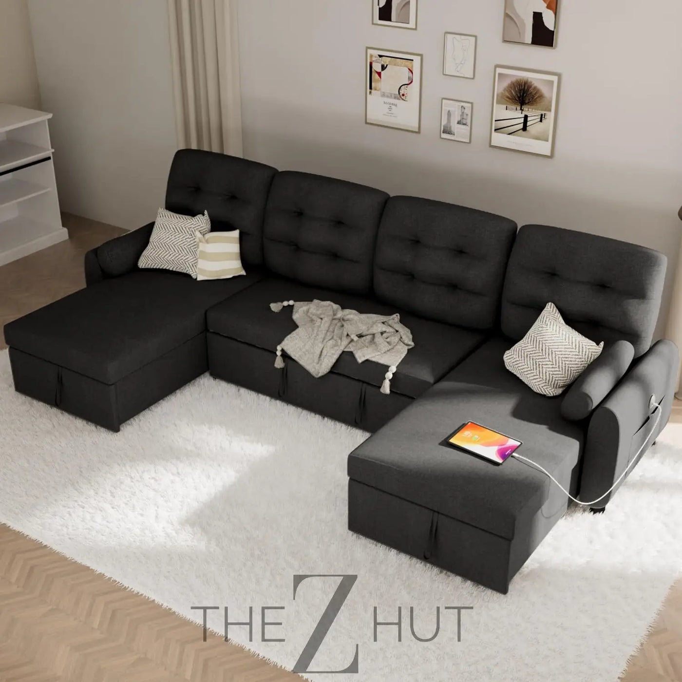 Ucloveria Sectional Sofa Couch, 87" Sleeper Sofa Bed with Reversible Storage Chaise Pull Out Couch for Living Room | Side Pocket | Charging Station | Removable Backrest | Linen Fabric, Black THE Z HUT