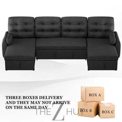 Ucloveria Sectional Sofa Couch, 87" Sleeper Sofa Bed with Reversible Storage Chaise Pull Out Couch for Living Room | Side Pocket | Charging Station | Removable Backrest | Linen Fabric, Black THE Z HUT