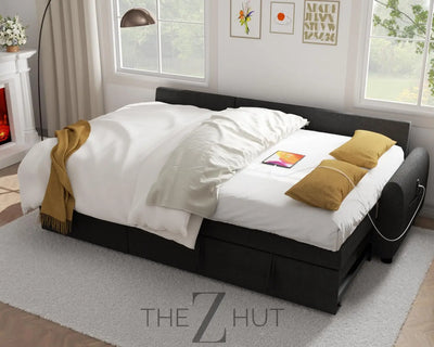 Ucloveria Sectional Sofa Couch, 87" Sleeper Sofa Bed with Reversible Storage Chaise Pull Out Couch for Living Room | Side Pocket | Charging Station | Removable Backrest | Linen Fabric, Black THE Z HUT