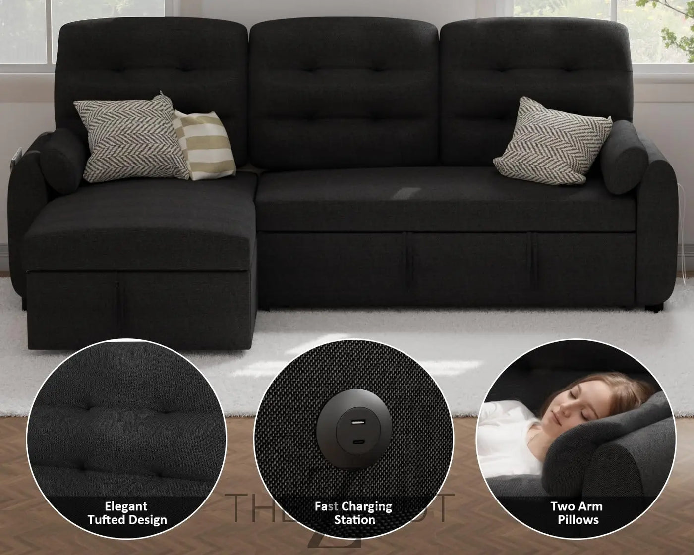 Ucloveria Sectional Sofa Couch, 87" Sleeper Sofa Bed with Reversible Storage Chaise Pull Out Couch for Living Room | Side Pocket | Charging Station | Removable Backrest | Linen Fabric, Black THE Z HUT