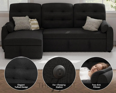 Ucloveria Sectional Sofa Couch, 87" Sleeper Sofa Bed with Reversible Storage Chaise Pull Out Couch for Living Room | Side Pocket | Charging Station | Removable Backrest | Linen Fabric, Black THE Z HUT