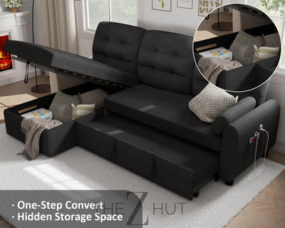 Ucloveria Sectional Sofa Couch, 87" Sleeper Sofa Bed with Reversible Storage Chaise Pull Out Couch for Living Room | Side Pocket | Charging Station | Removable Backrest | Linen Fabric, Black THE Z HUT
